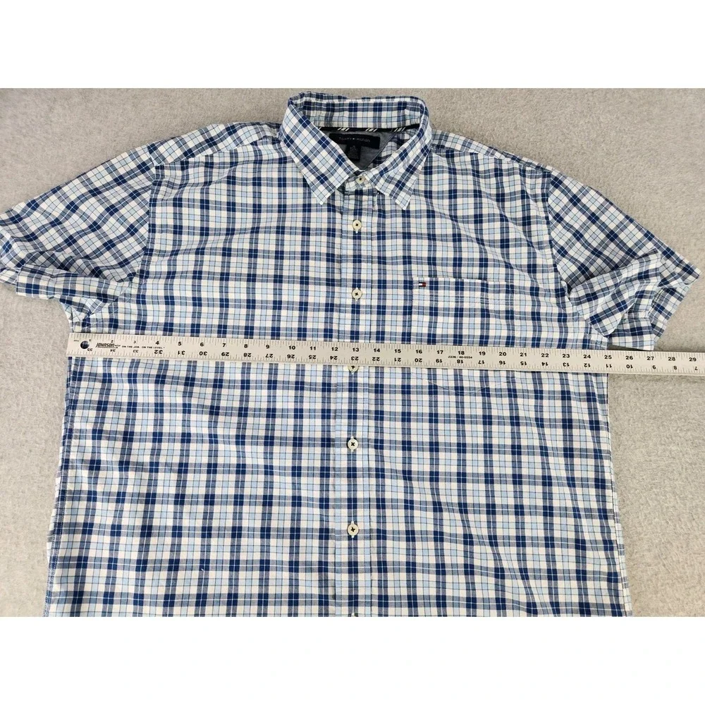 Tommy Hilfiger Short Sleeve Button Down Shirt Plaid Striped Blue Eyes Pop Men XL